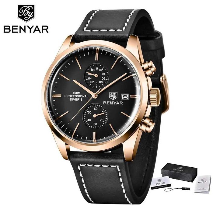 Zegarek złoty męski Benyar czarny na pasku skórzanym chronograf WR100m