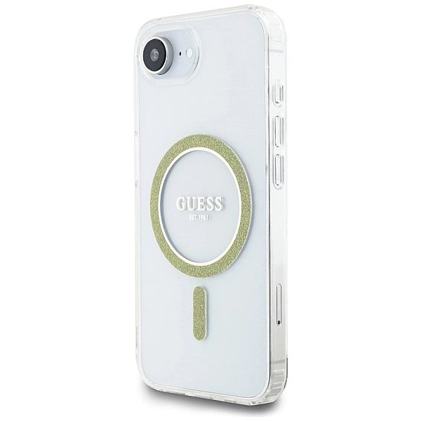 Etui Guess IML Glitter Circle MagSafe na iPhone 16e - przezroczyste