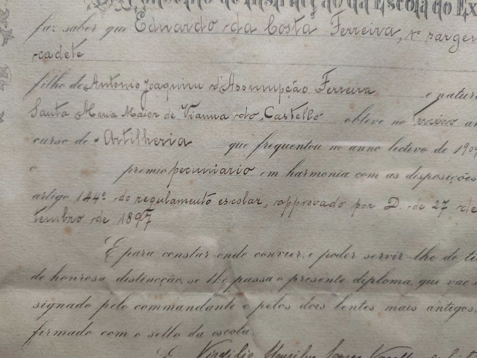 Item de colecionismo militar, Certificado de Sargento Cadete, 1910