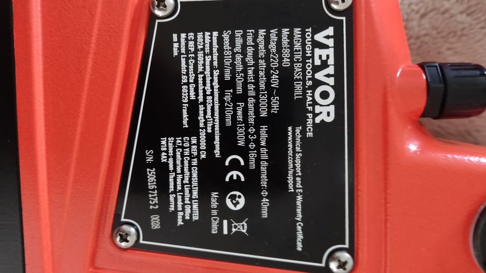 VEVOR Wiertarka magnetyczna 1450W 12500N Przenośna prasa wiertr 8840
