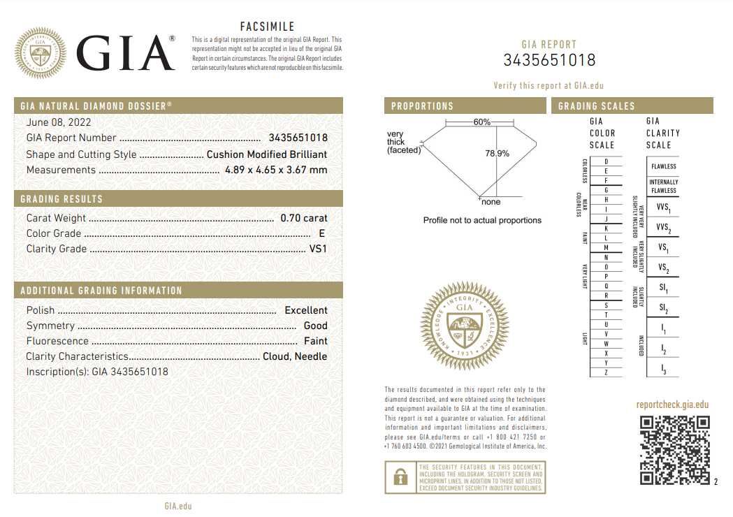 Diament Brylant GIA 0.7 ct E / VS1 Cushion