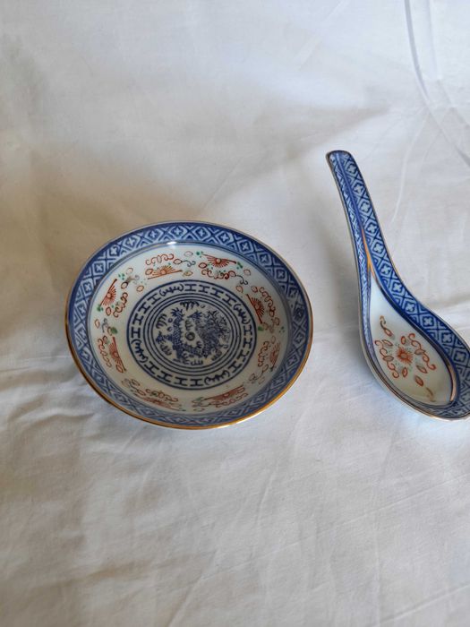 Conjunto antigo taça e colher chinesa