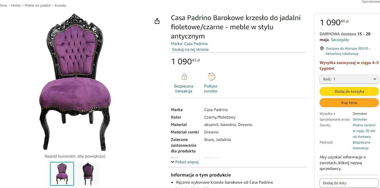 2x Fotel barokowy krzesło stylowy fioletowy drewno