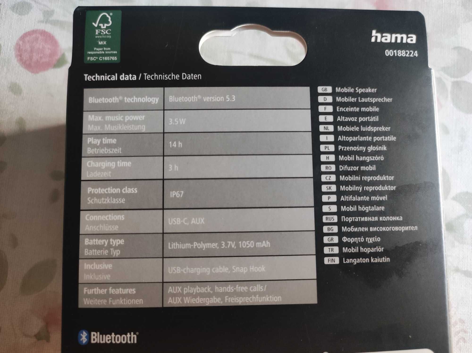 Coluna Bluetooth Hama LS Pocket 3.0" Impermeável