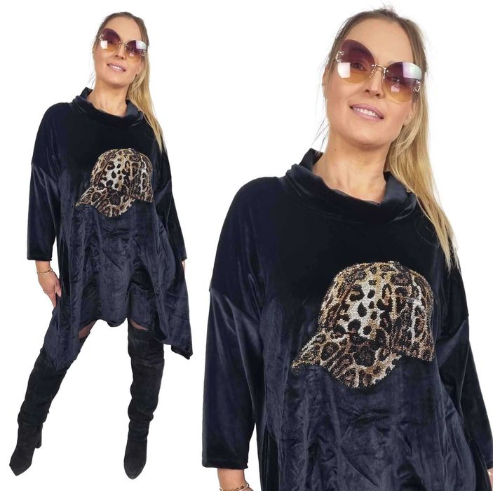 Tunika damska Welurowa czarna sukienka elegancka PLUS SIZE asymetrycz