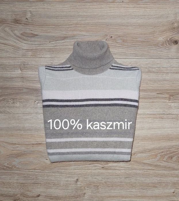 Sweter golf 100% kaszmir beżowy brązowy paski