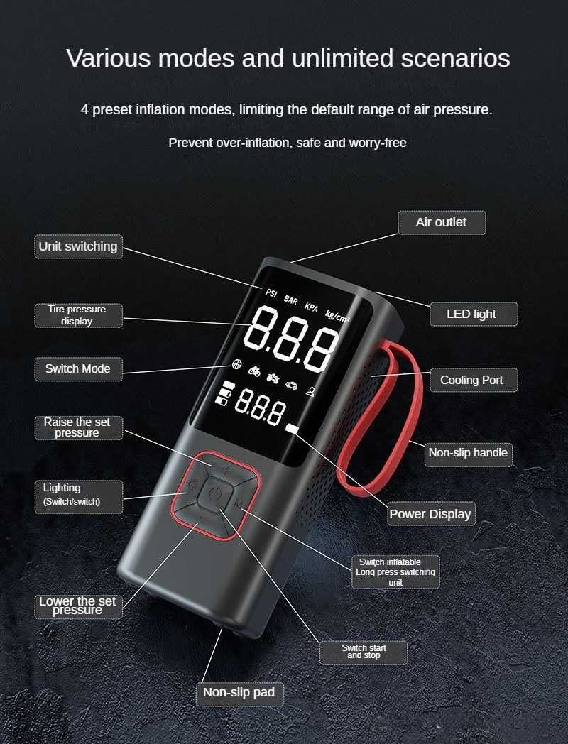Компрессор автомобильный насос, велонасос 6000mAh + 12V