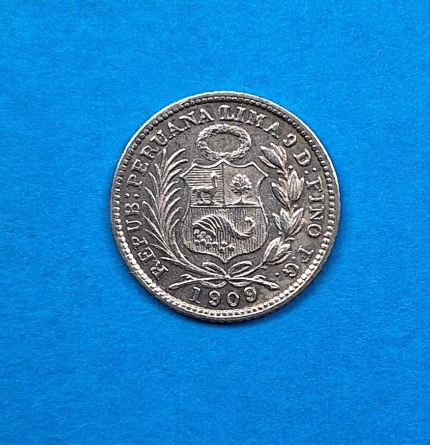 Peru 1/2 dinero rok 1909, piękny stan, srebro 0,900