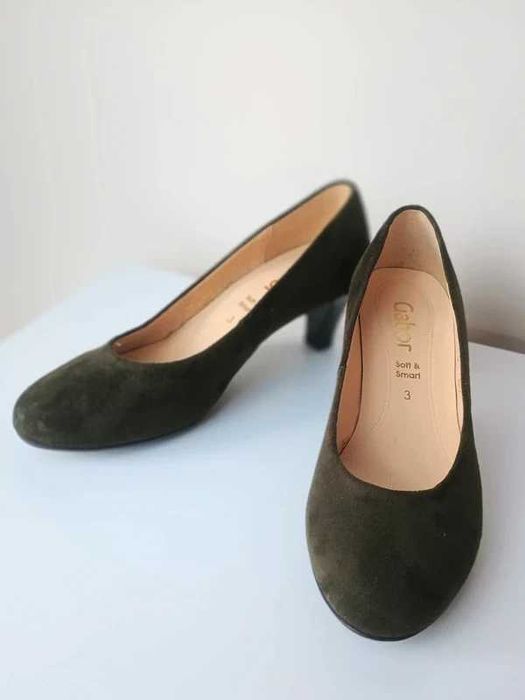 Buty na obcasie Gabor khaki oliwkowe niski obcas 35,5 zamszowe skóra