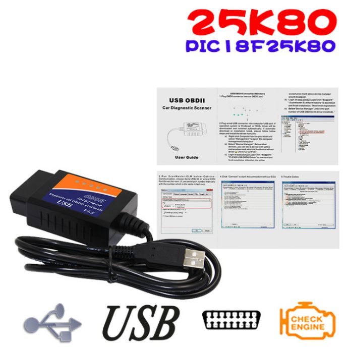 USB Сканер ошибок авто диагностика ELM327 V1.5 PIC 25K80 OBD2 обд2 усб