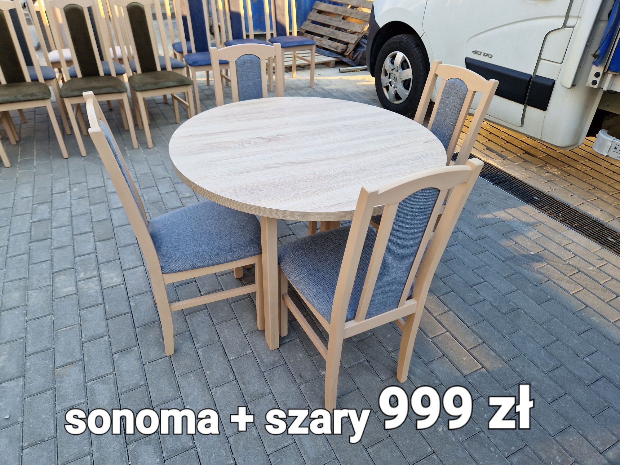 Nowe: Stół okrągły + 4 krzesła, sonoma + szary , transPL