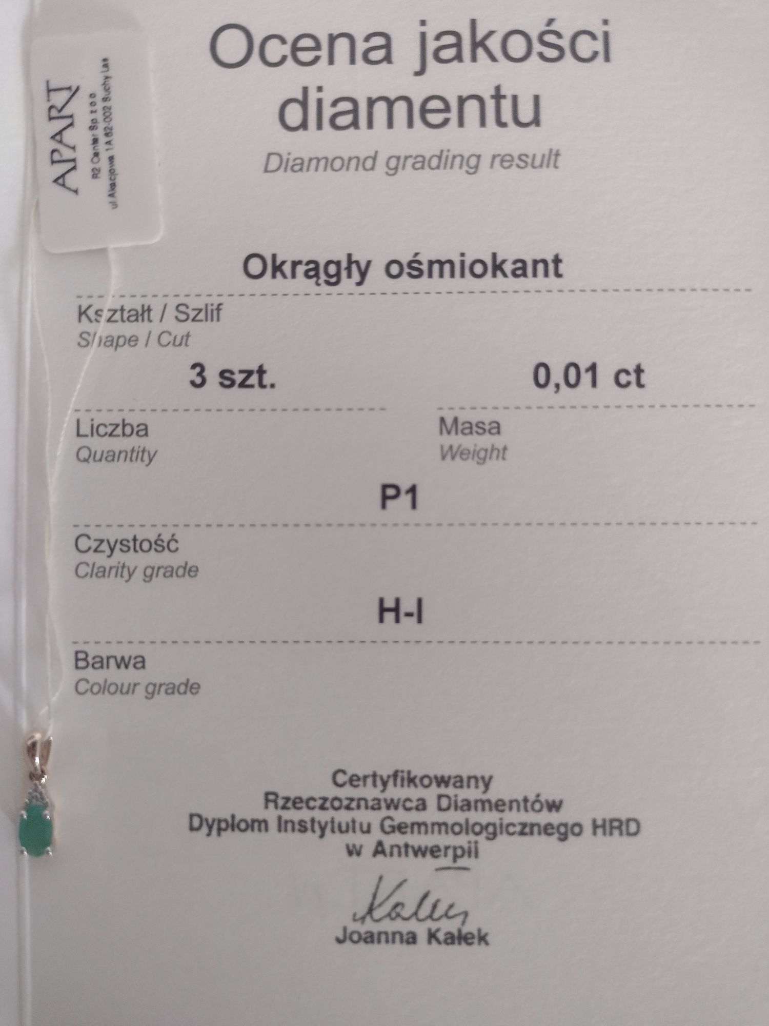Zawieszka złota ze szmaragdem Apart