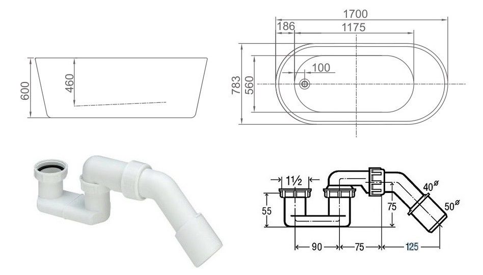 ScandiBath Baldur wanna wolnostojąca 170x78 + syfon klik-klak