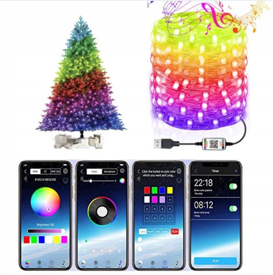 Inteligentne lampki choinkowe 100 LED Multikolor BLUETOOTH USB