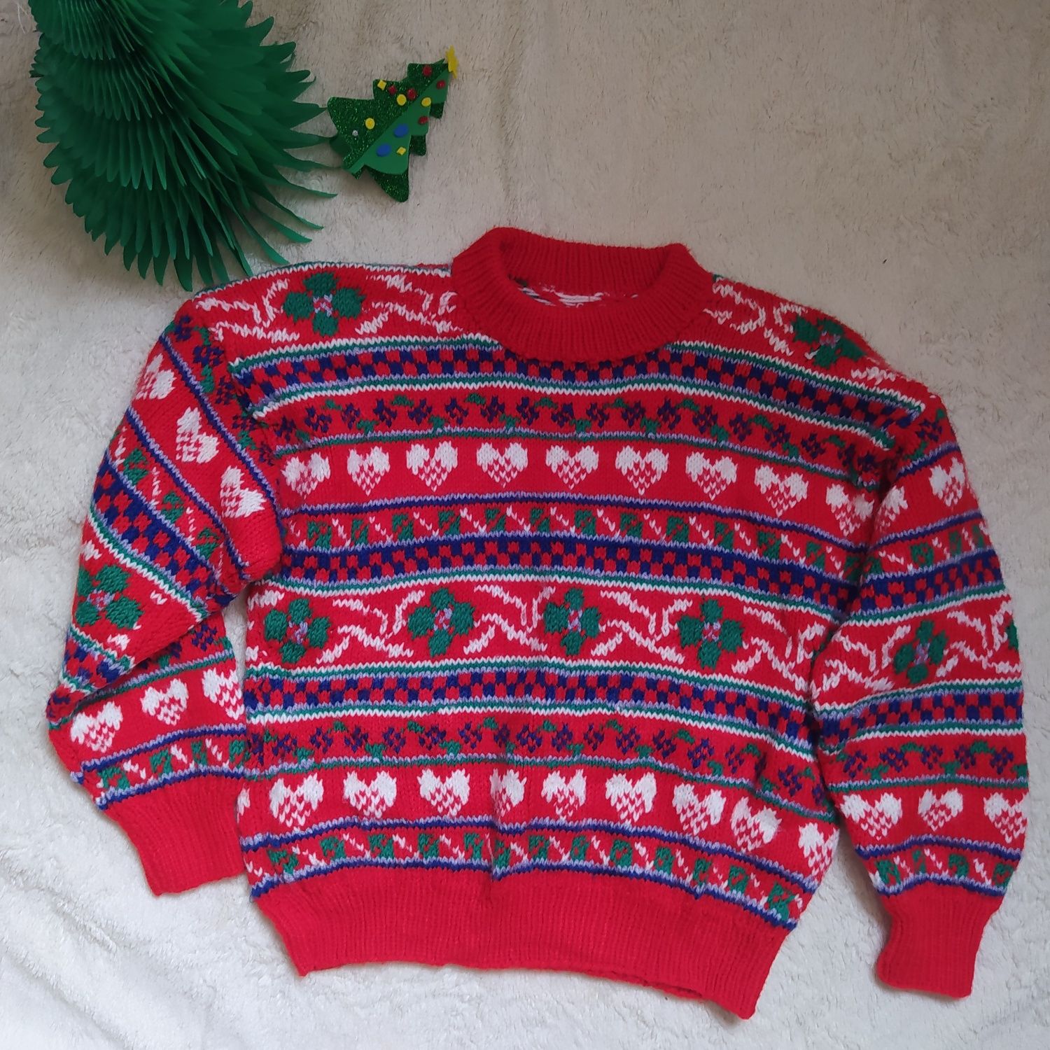 Zimowy świąteczny sweter retro vintage 128 140 dziewczęcy czerwony