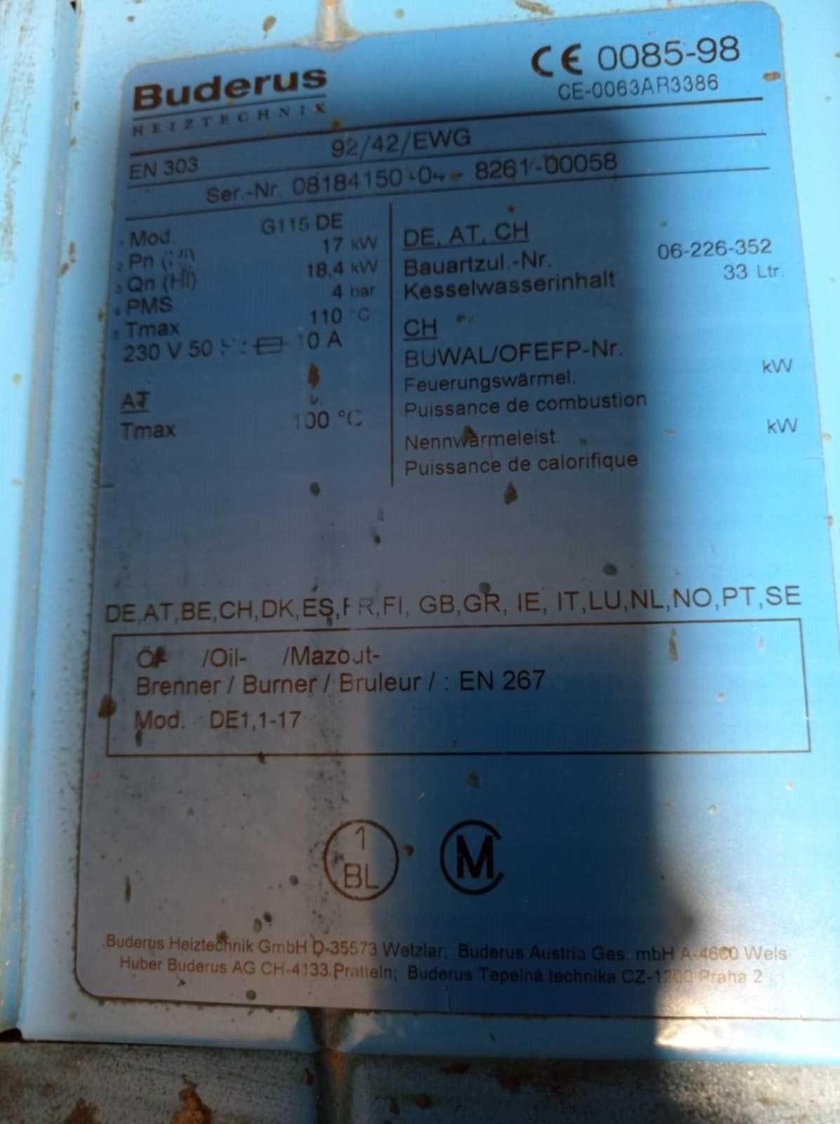 Piec na olej opałowy BUDERUS model G115 wraz ze zbiornikiem na wodę
