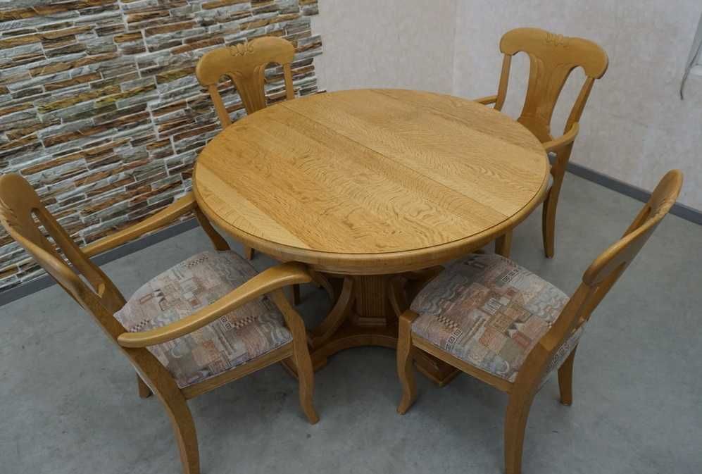 Stół lity dąb okrągły śr 115 cm rozkładany do 175 cm + 4 krzesła L-193