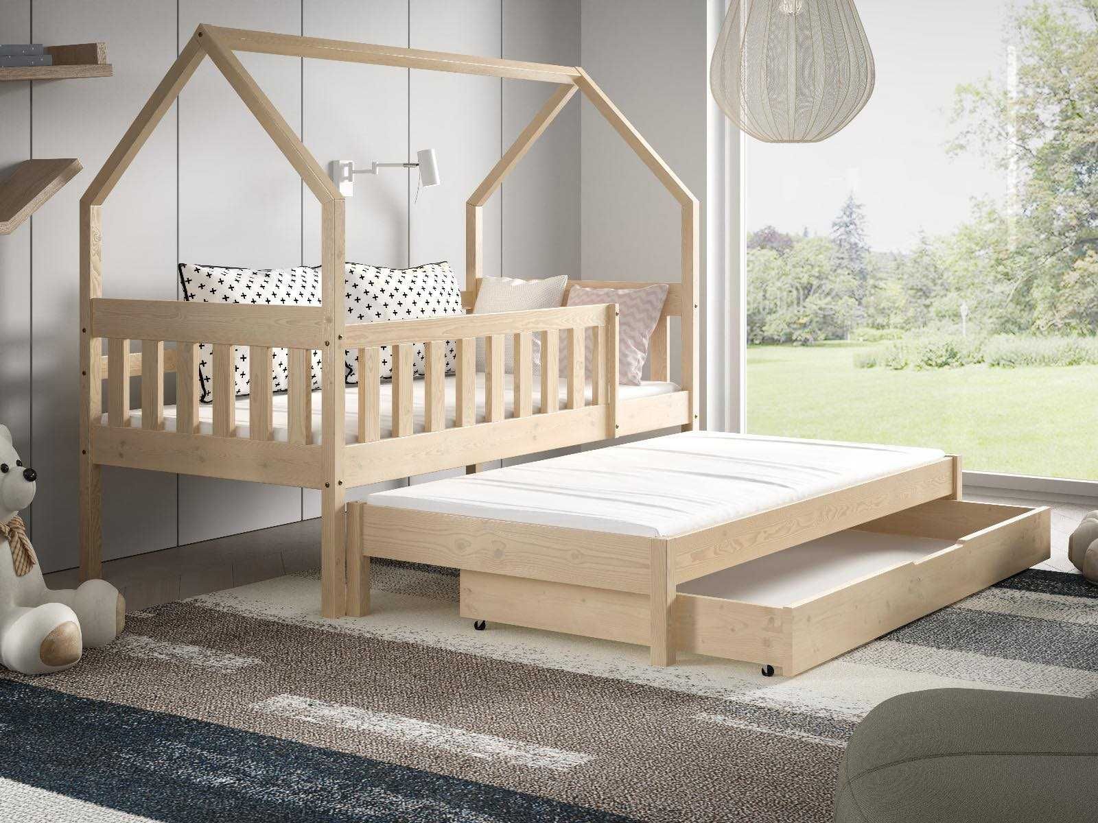 Drewniane łóżko domek LUNA 2-osobowe + materace w zestawie