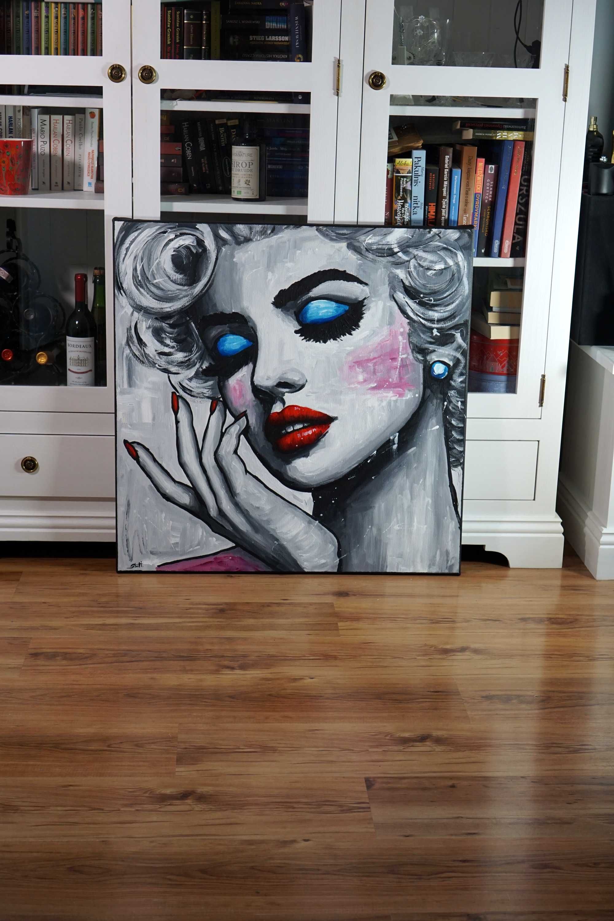 Duży ręcznie malowany obraz akrylowy czarno biały Marilyn Monroe loft