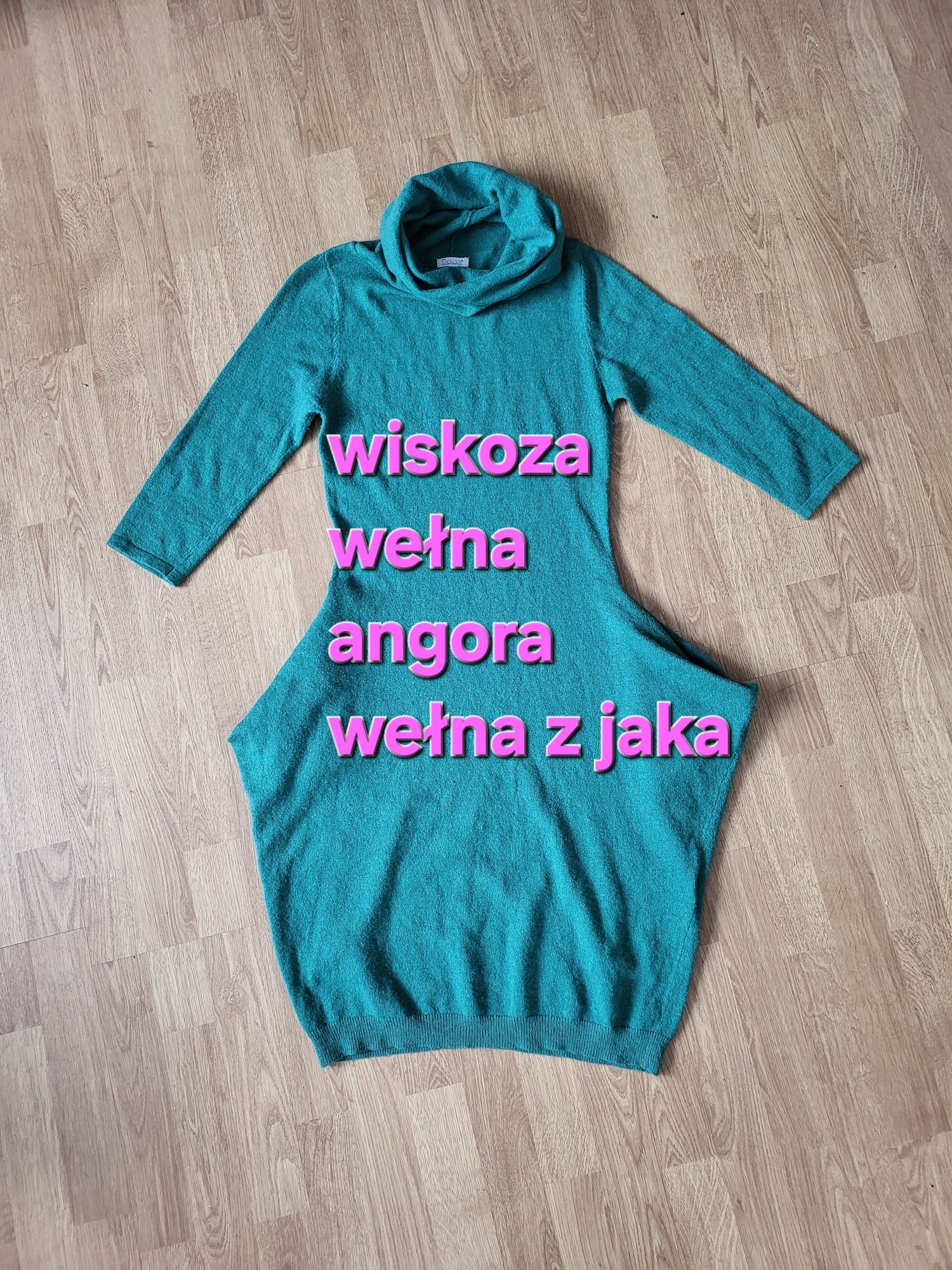 Zielona sukienka golf wiskoza wełna angora wełna z jaka M 38