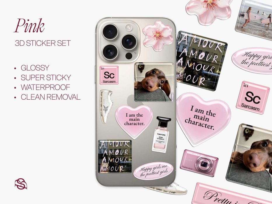 Naklejki 3D różowe – girly vibes – do planera i telefonu