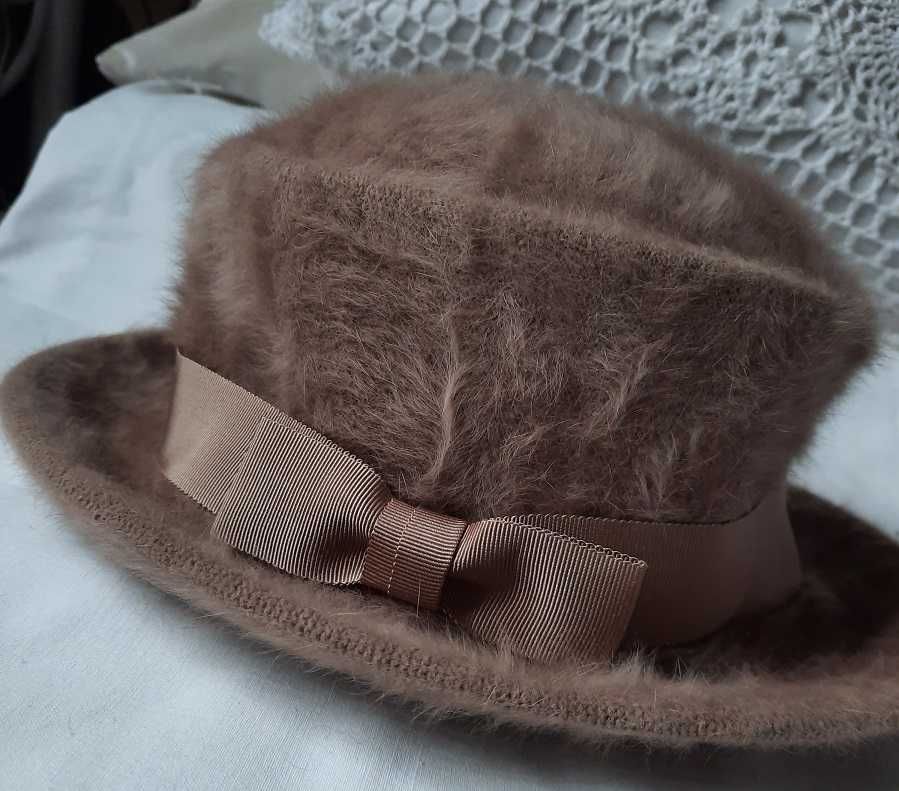 Kangol Cudo j.Nowy Angora 45% wełniany beż kawowy kapelusz 55 58