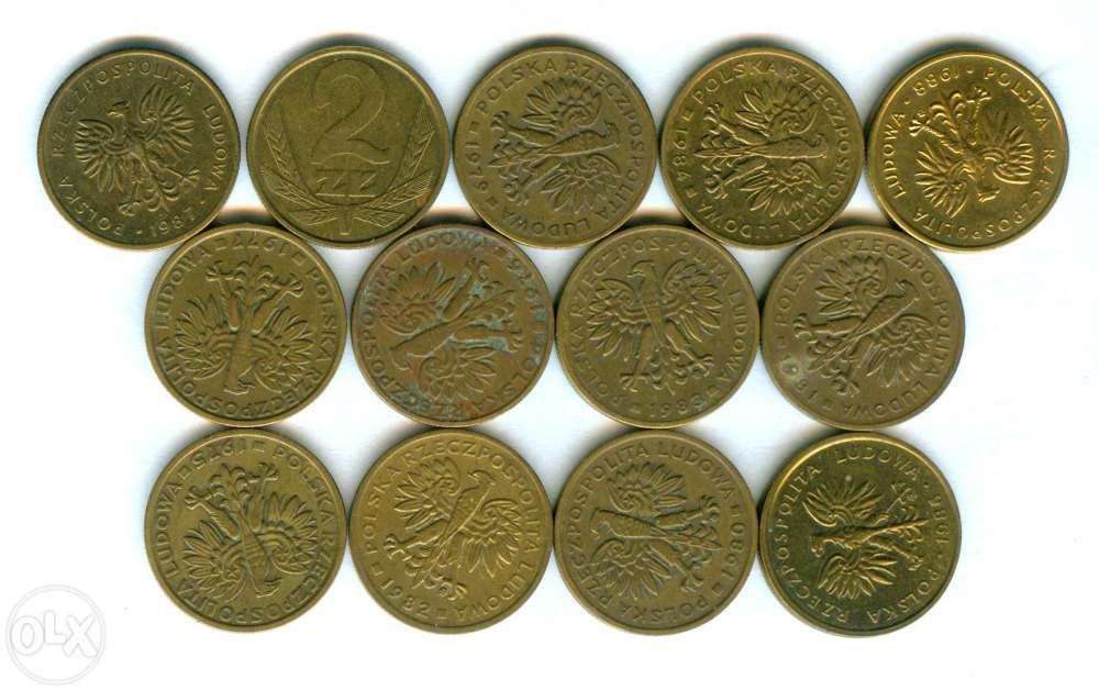 2 złote (mosiądz) z okresu PRL, zest. 13 szt. - różne roczniki