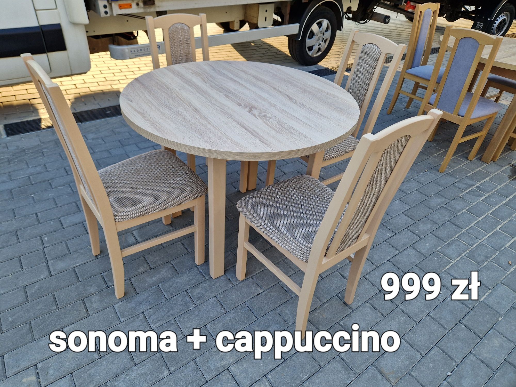 Nowe: Stół okrągły + 4 krzesła, sonoma + cappuccino,  transport całaPL