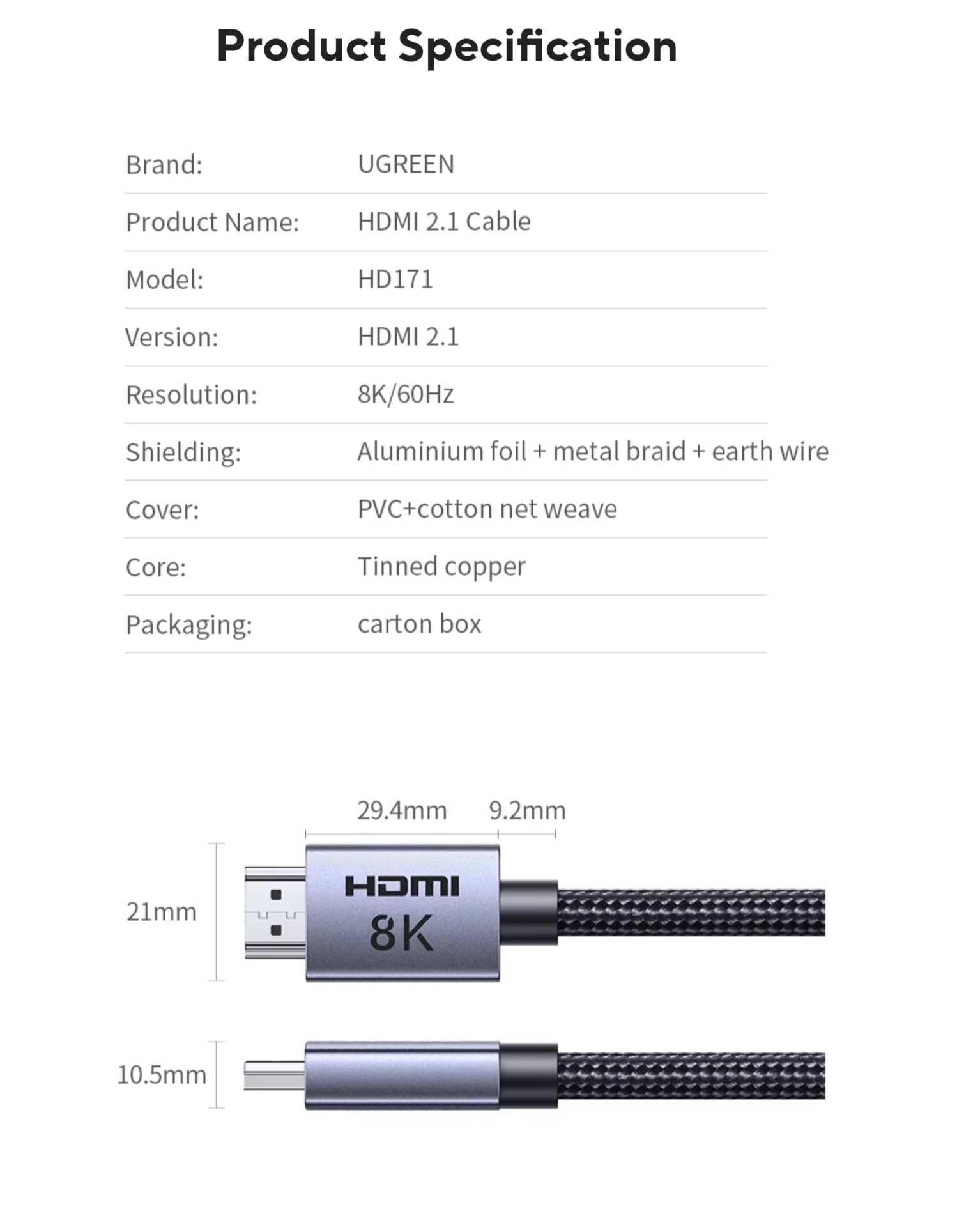Кабель UGREEN HDMI v2.1 8K із сертифікованими роз'ємами 3м/5м Grey