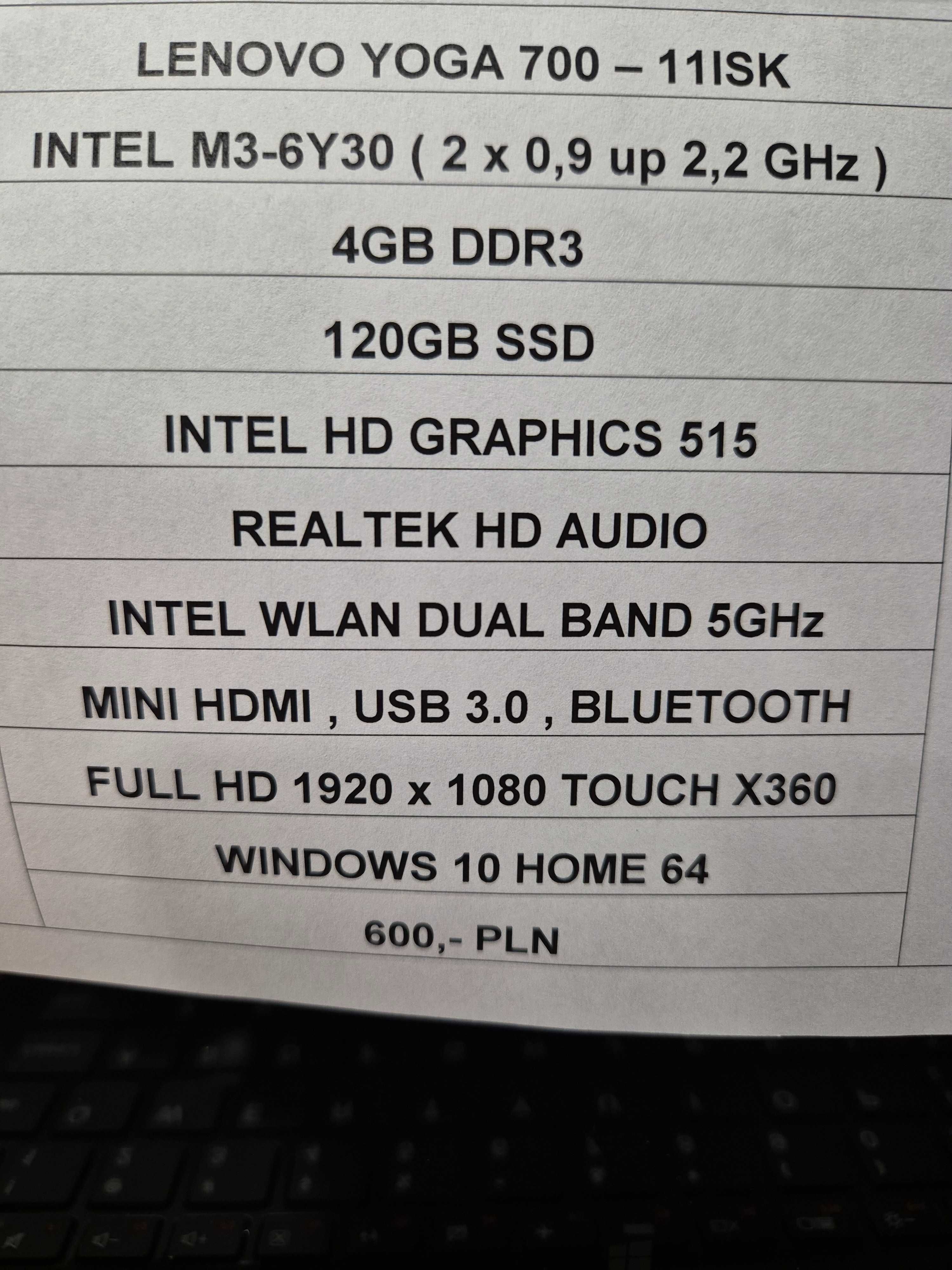 Laptop Lenovo Intel M3-6Y30 4 Gb ddr3 120 Gb Mini HDMI USB 3.0