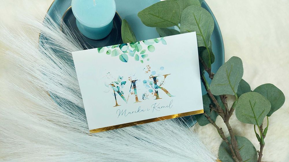 Zaproszenia Ślubne EUKALIPTUS złoty pasek GOLD zaproszenie ślub kopert