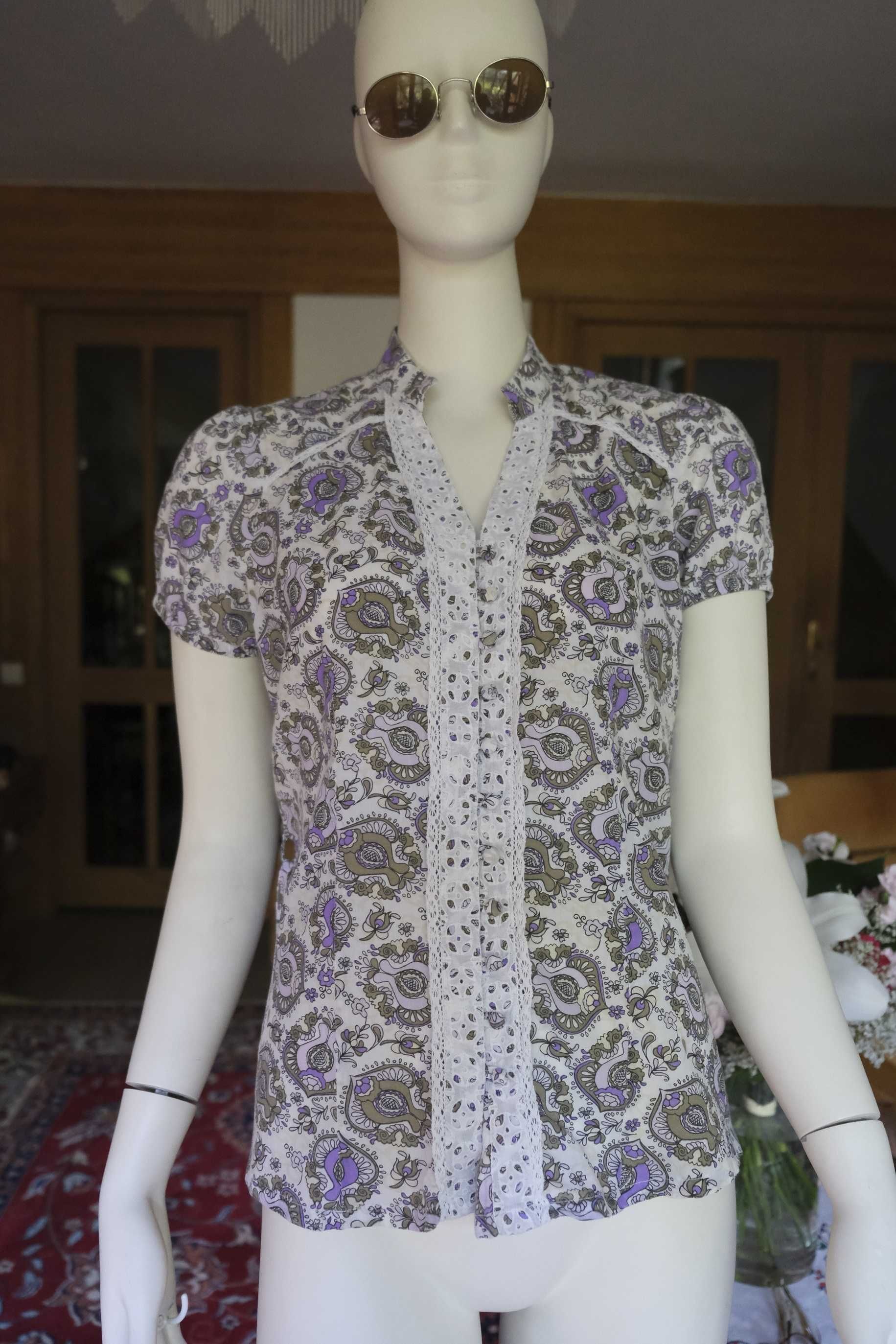 biała letnia bluzka boho bawełniana etno folk wiązana z koronką hippie