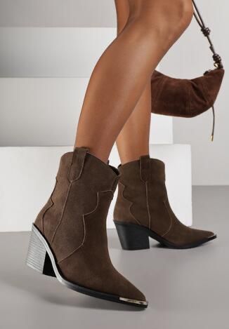 Жіночі шоколадні замшеві ковбойки, чоботи на каблуку, ботинки, козаки