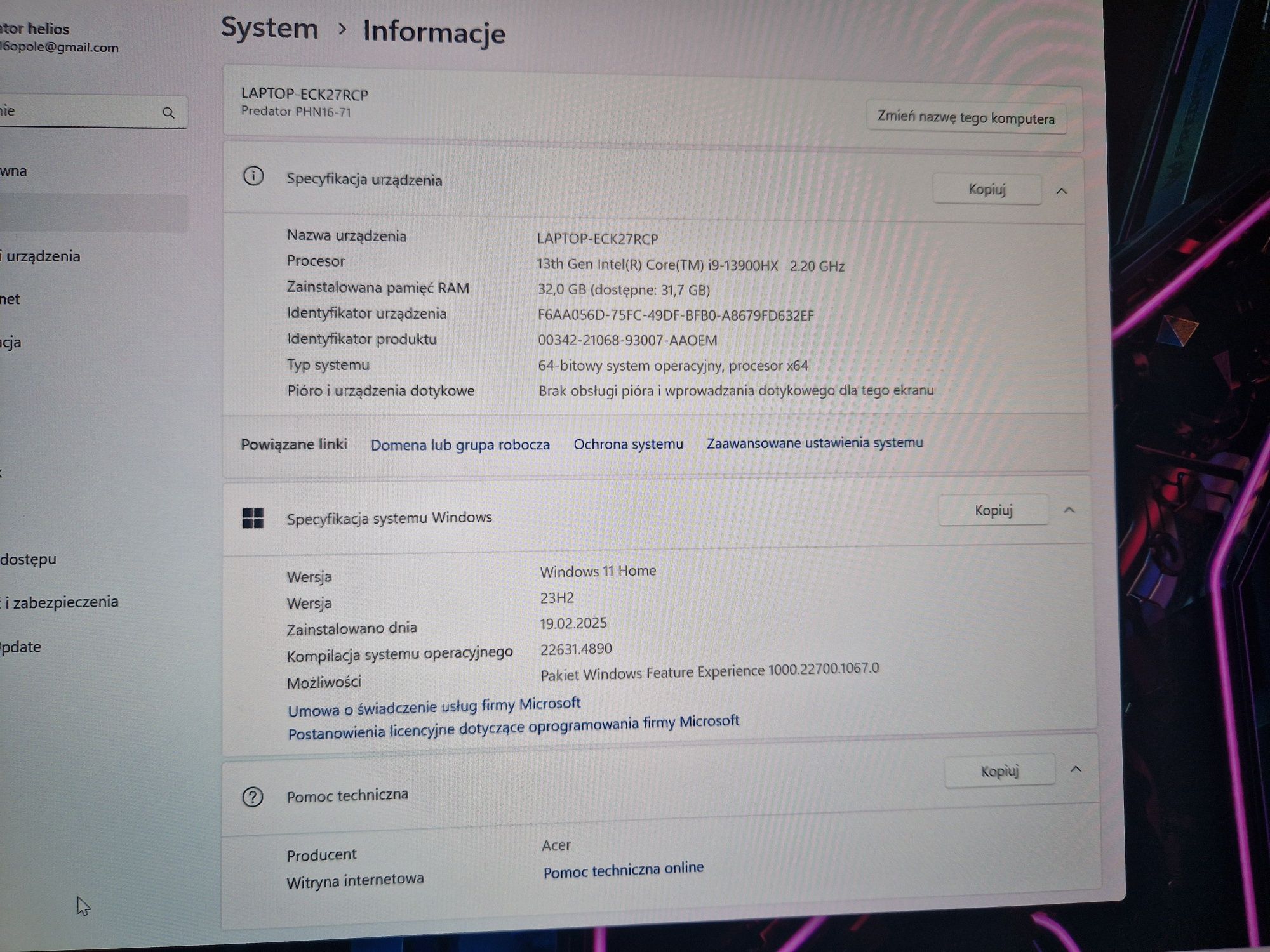 Acer Helios Predator Neo 16 | i9-13900HX, 32GB DDR5, RTX4060, 1TB SSD