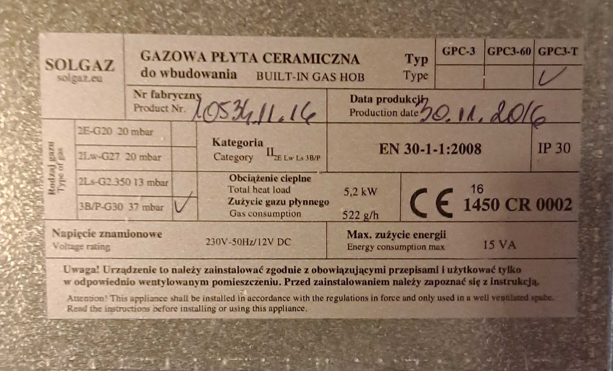 Solgaz GPC3-T gazowa płyta ceramiczna, gaz pod szkłem