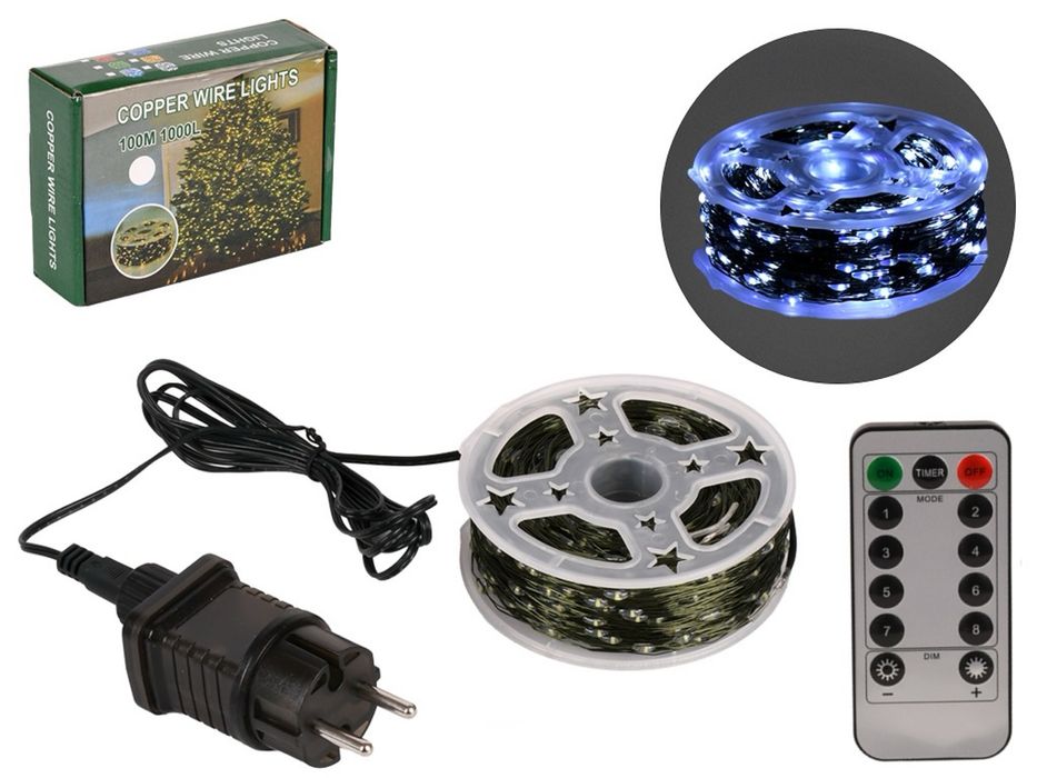 Гірлянда на зеленому проводі біла 100м. 1000 led на пульті