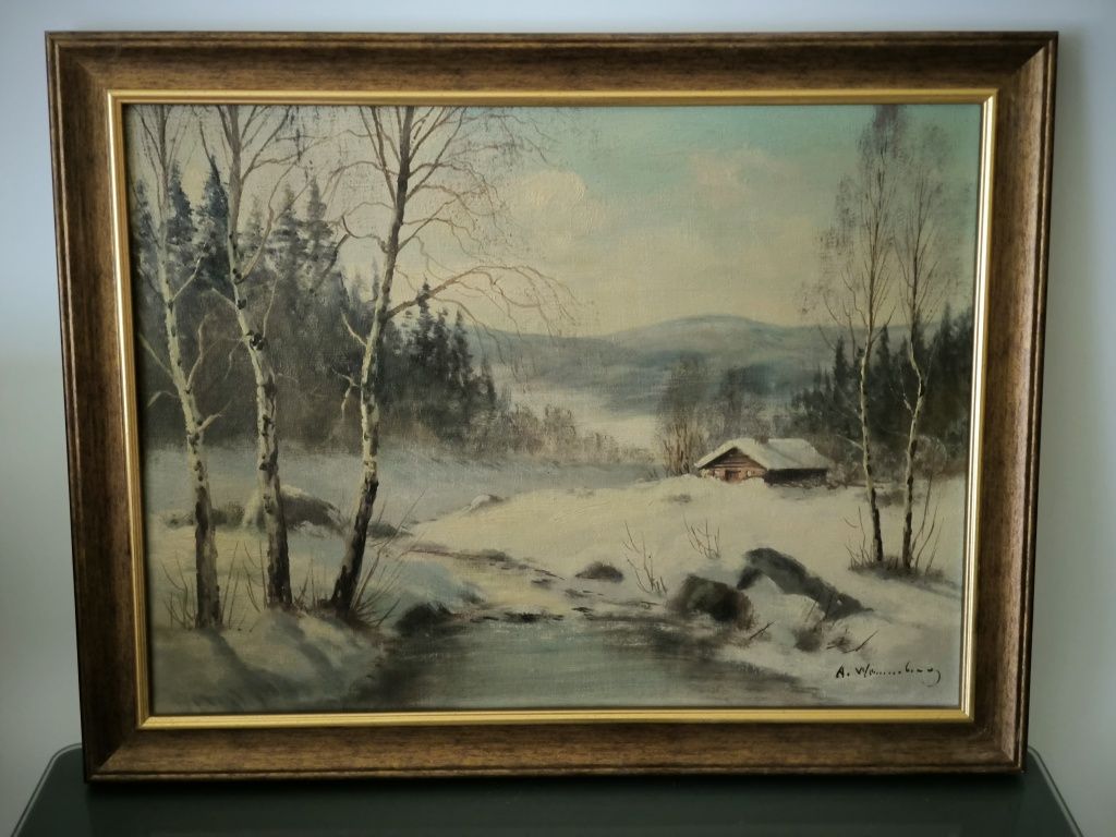 Obraz olejny zima A. WENNERBERG Norwegia sygnowany