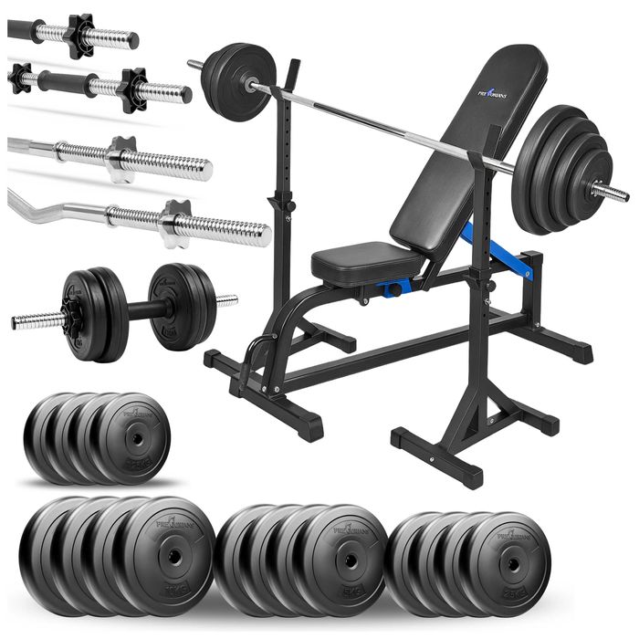 Zestaw 125kg ławeczka treningowa stojaki gryfy obciążenie do ćwiczeń