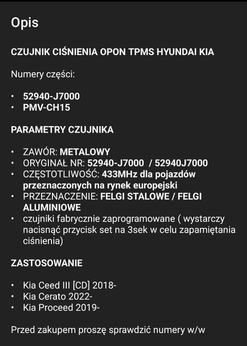 Czujniki opon TPMS KIA HYUNDAI