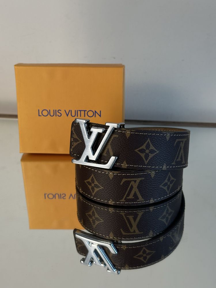 Pasek skórzany Louis Vuitton monogram skóra naturalna LV srebrna klamr