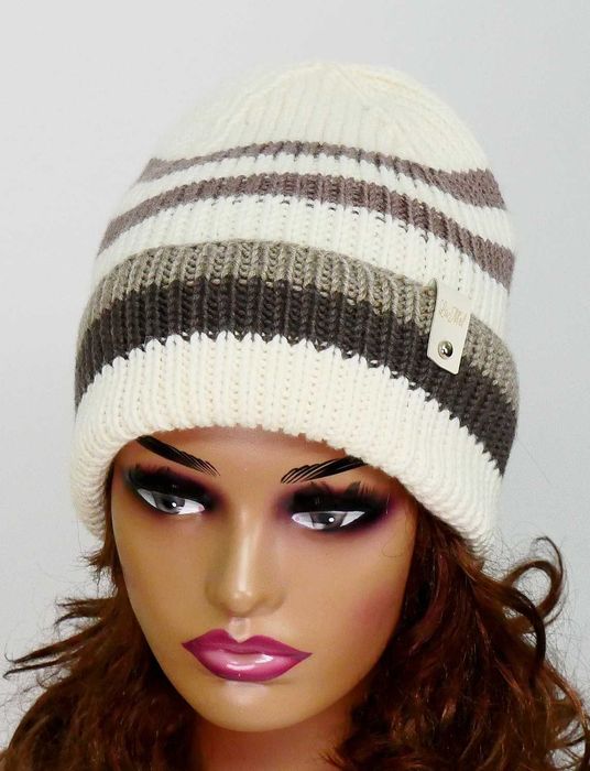 LaMel Czapka w paski unisex zimowa handmade 100%Merino obw.57 - 62cm