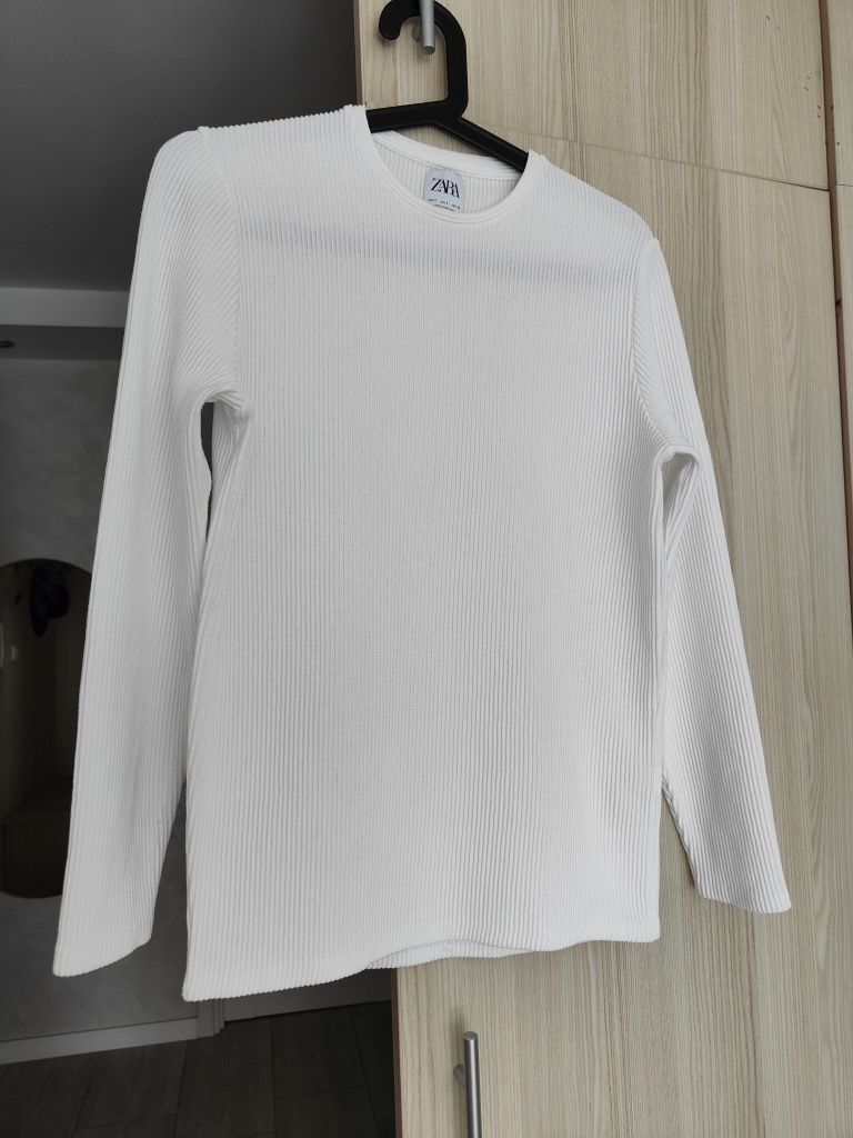 Biały męski sweter z bawełny, prążkowany, biały longsleeve, Zara, r.S