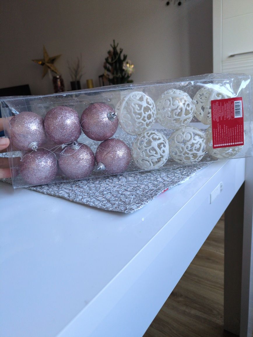 Zestaw bombek nowy nowe bombki róż brokat białe ornament Pepco święta