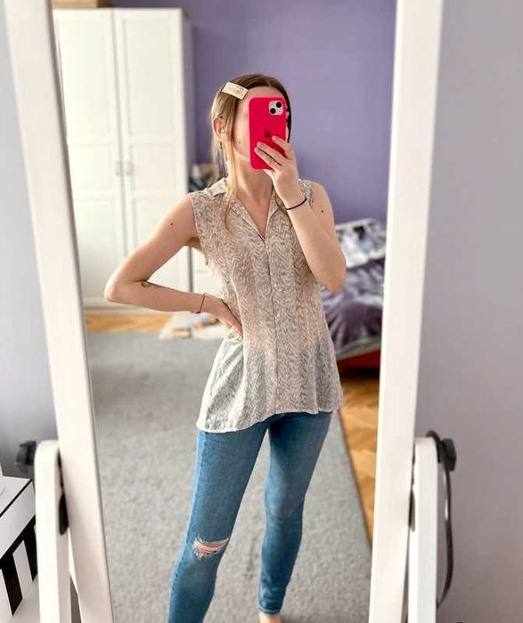H&M dłuższy top mgiełka przezroczysty XS 34 minimalistyczny guziki