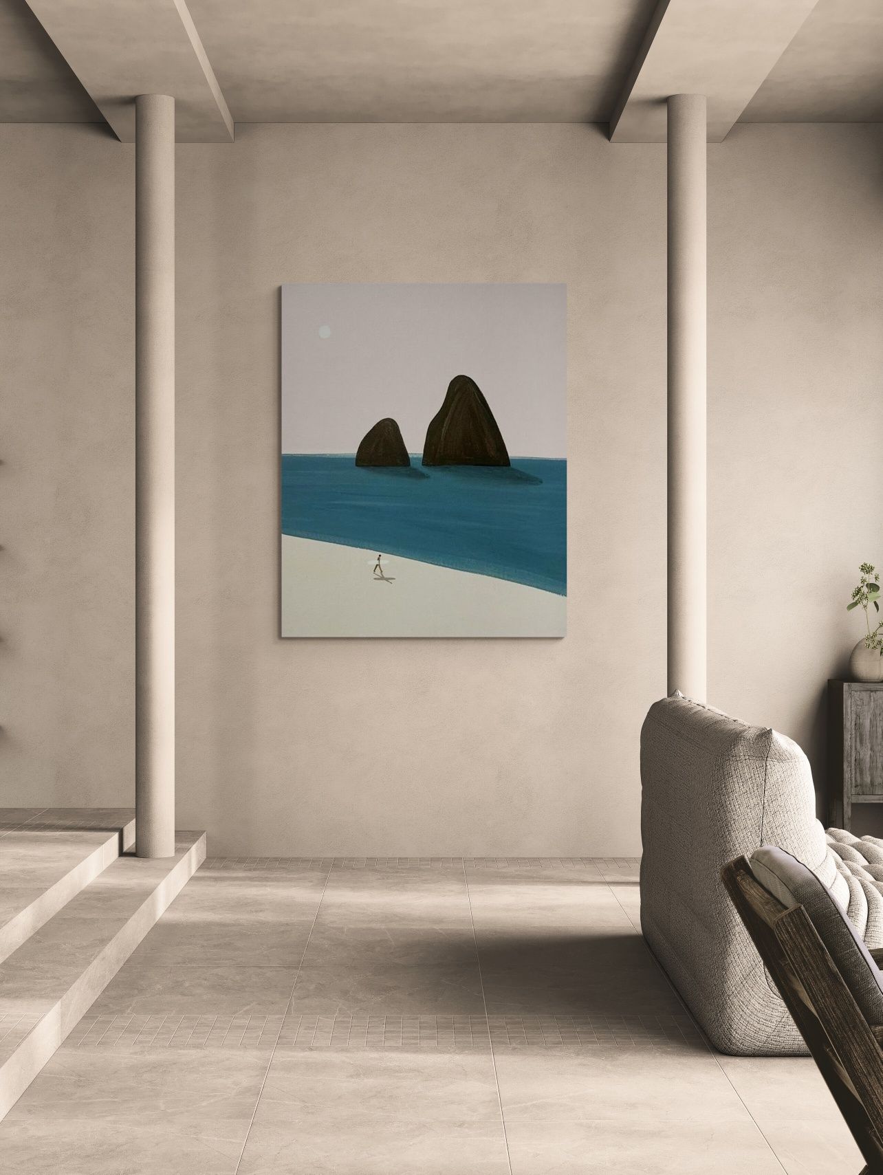 Obraz na płótnie ręcznie malowany akrylami "Sam na plaży" minimalism