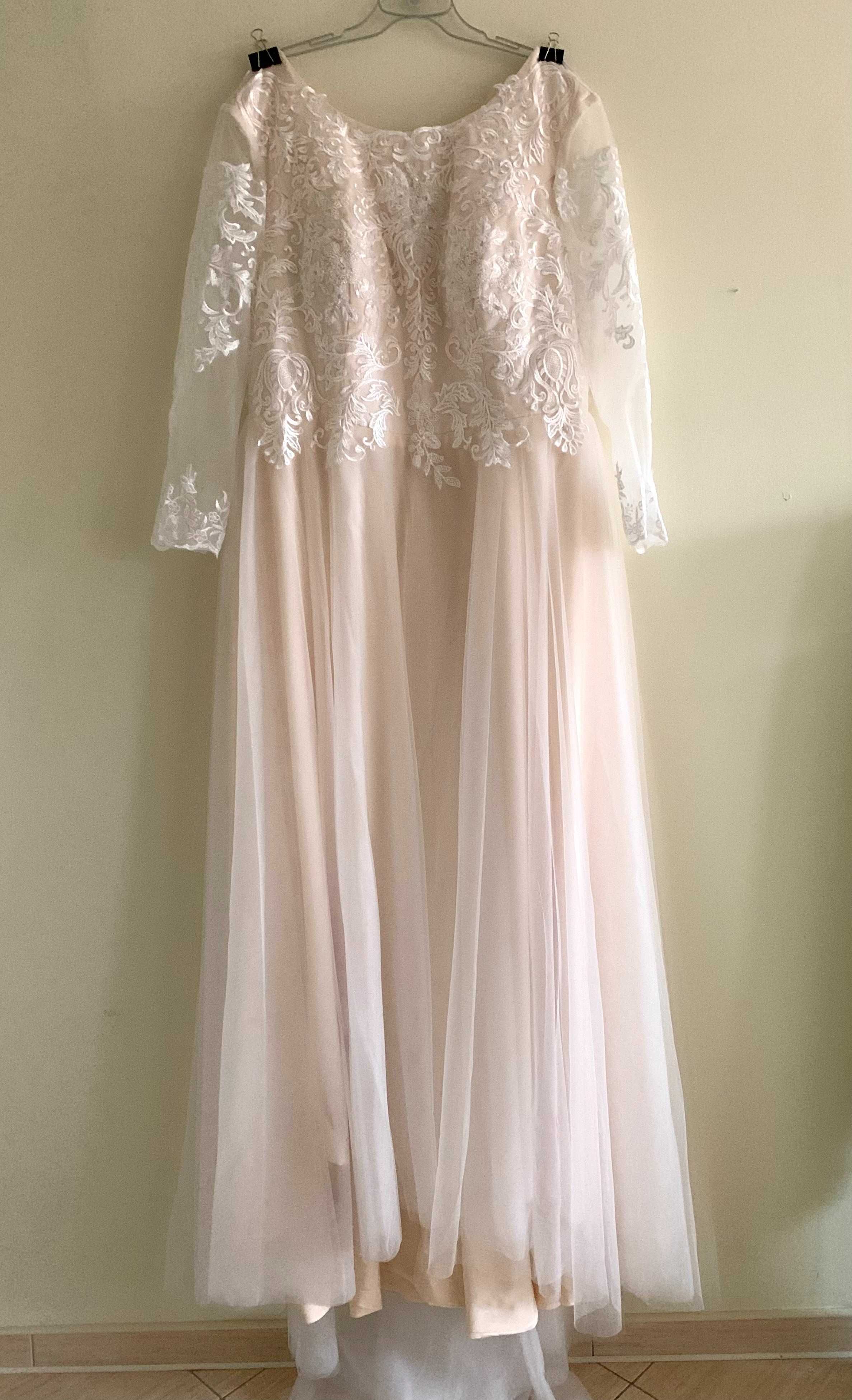 Suknia ślubna ivory-nude linia-A rękawy 46, 50