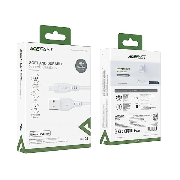 Acefast kabel MFI USB - Lightning 1,2m, 2,4A biały (C3-02 white)