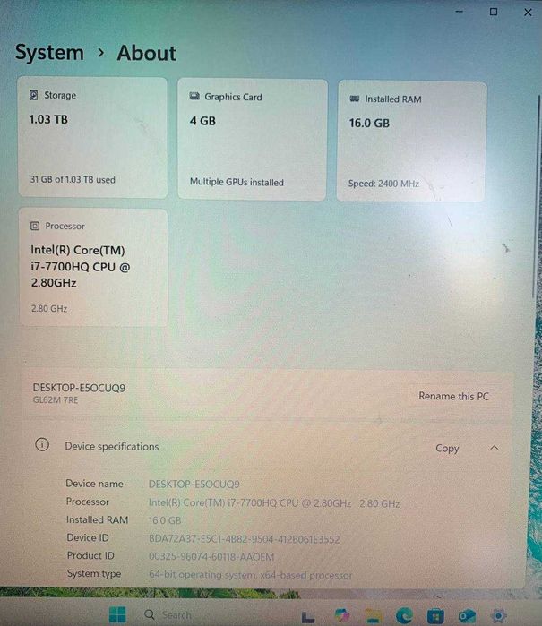 Laptop dla gier MSI GL62M 7RE i7 3.8GHz 1050TI 4GB 16GB 1TB HDD+SSD