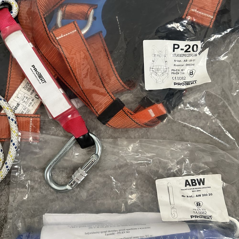 Szelki bezpieczeństwa P-20, linka, amortyzator bezpieczeństwa ABW