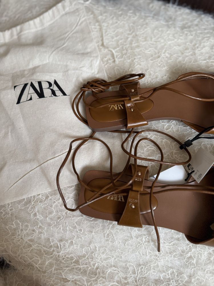 Zara skóra naturalna brązowe sandały rzymianki wiązane 41